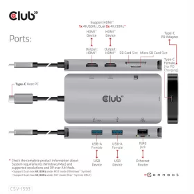   USB-C dokkoló Club 3D CSV-1593 – 8 az 1-ben hub, 2× HDMI, Gigabit LAN, használt bevizsgált