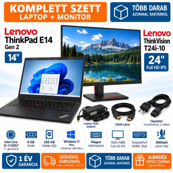 Lenovo ThinkPad E14 Gen 2 14" laptop + Lenovo ThinkVision T24i-10 24" Full HD IPS monitor szett – i5-1135G7, Win11 Pro, 1 év garancia Lenovo ThinkPad E14 Gen 2 14" laptop + Lenovo ThinkVision T24i-10 24" Full HD IPS monitor szett – i5-1135G7, Win11 Pro, 1 év garancia